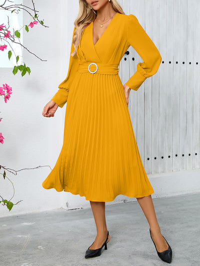 V Neck Long Sleeves Belted Pleated A-Line Midi Dress