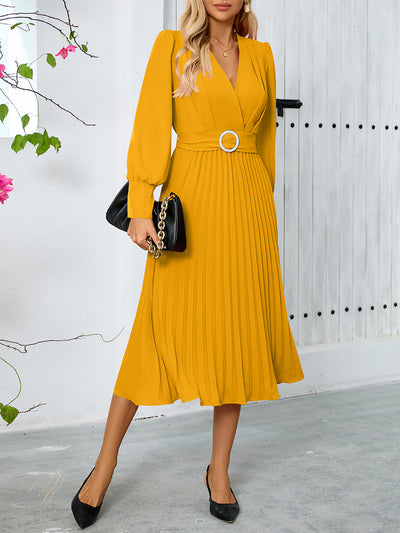 V Neck Long Sleeves Belted Pleated A-Line Midi Dress