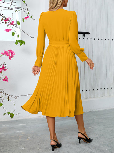 V Neck Long Sleeves Belted Pleated A-Line Midi Dress