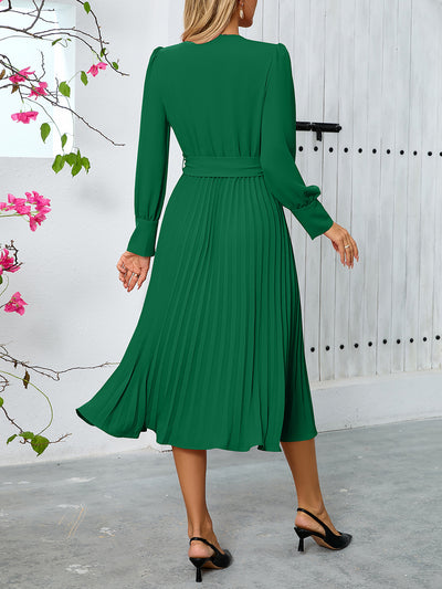 V Neck Long Sleeves Belted Pleated A-Line Midi Dress