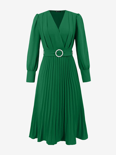 V Neck Long Sleeves Belted Pleated A-Line Midi Dress