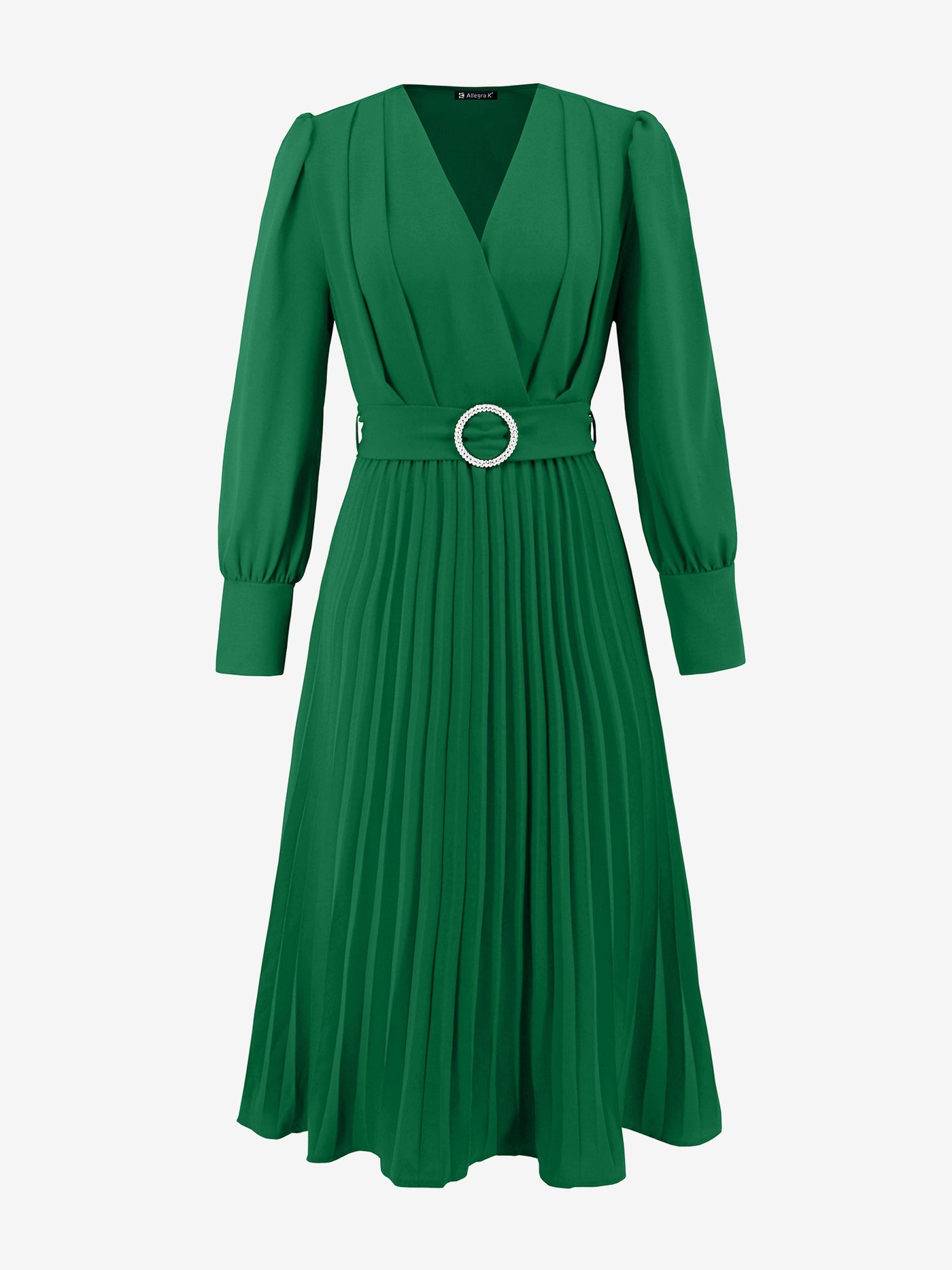 Allegra K V Neck Long Sleeves Belted Pleated A-Line Midi Dress