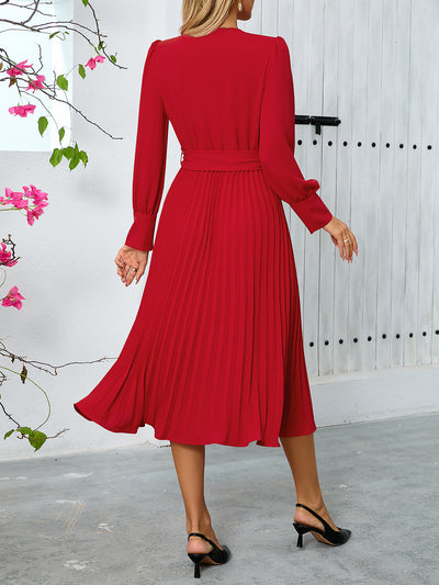 V Neck Long Sleeves Belted Pleated A-Line Midi Dress