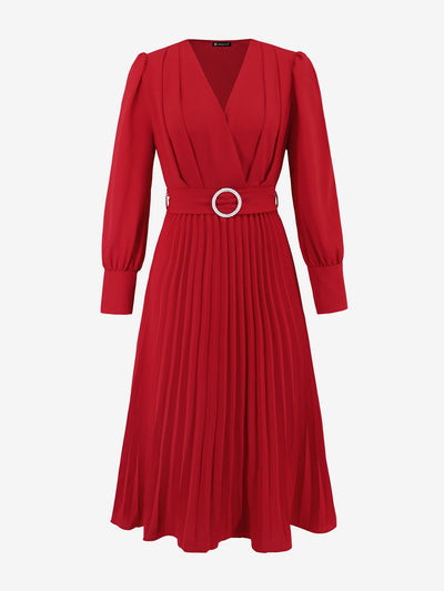 V Neck Long Sleeves Belted Pleated A-Line Midi Dress