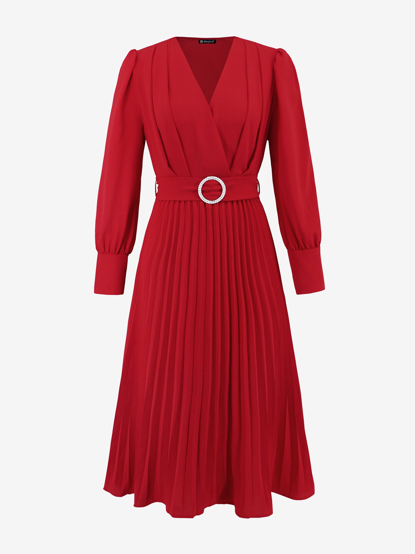 Allegra K V Neck Long Sleeves Belted Pleated A-Line Midi Dress