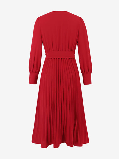 V Neck Long Sleeves Belted Pleated A-Line Midi Dress