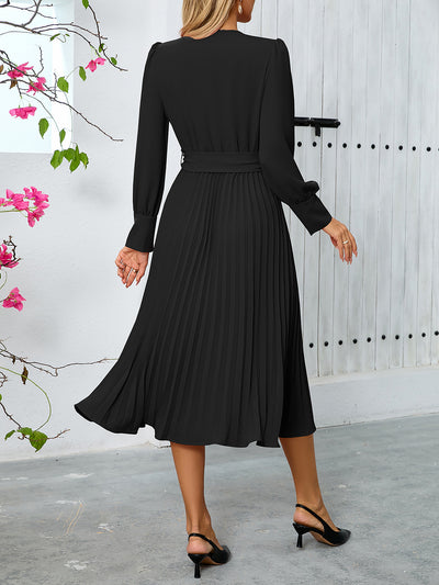 V Neck Long Sleeves Belted Pleated A-Line Midi Dress