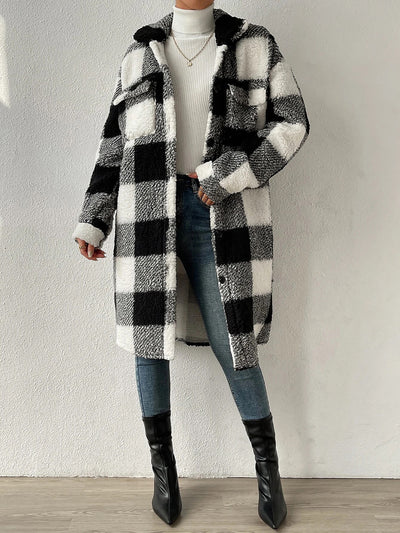 Laple Pocketed Plaid Long Sleeves Fleece Jacket