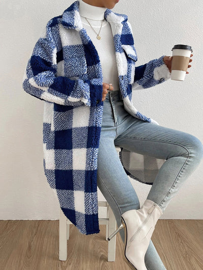 Laple Pocketed Plaid Long Sleeves Fleece Jacket