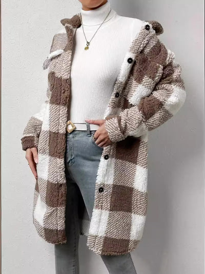 Laple Pocketed Plaid Long Sleeves Fleece Jacket