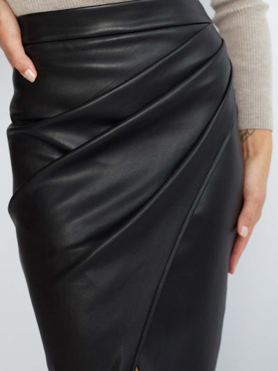 Faux Leather Ruched Split Midi Pencil Skirts