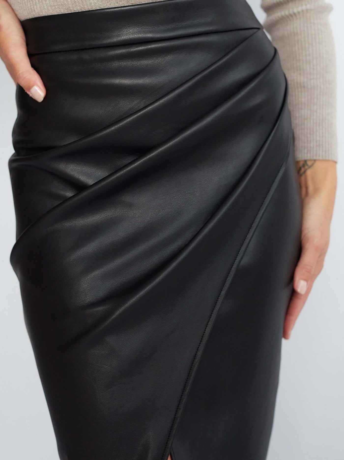 Allegra K Faux Leather Ruched Split Midi Pencil Skirts