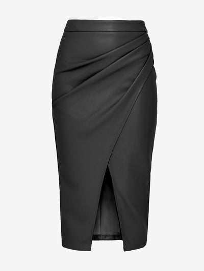 Faux Leather Ruched Split Midi Pencil Skirts