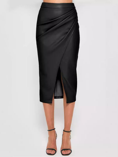 Faux Leather Ruched Split Midi Pencil Skirts