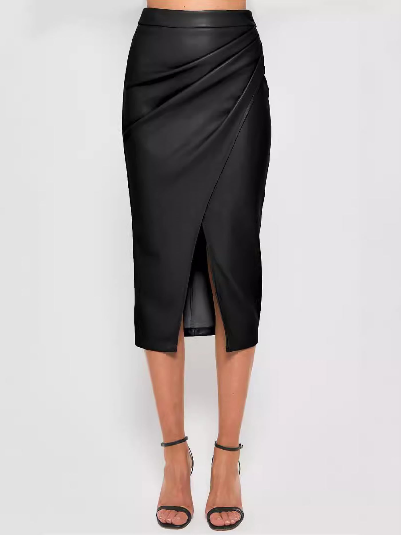 Allegra K Faux Leather Ruched Split Midi Pencil Skirts