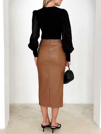 Faux Leather Ruched Split Midi Pencil Skirts