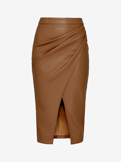 Faux Leather Ruched Split Midi Pencil Skirts