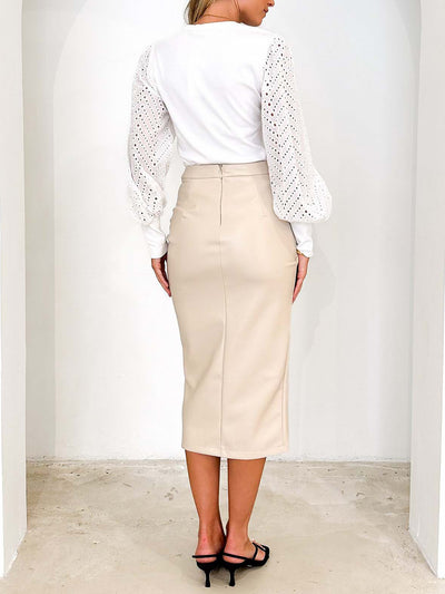 Faux Leather Ruched Split Midi Pencil Skirts