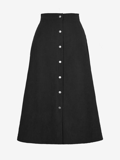 Corduroy Buttoned Split Solid Color A-Line Midi Skirt