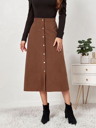 Corduroy Buttoned Split Solid Color A-Line Midi Skirt