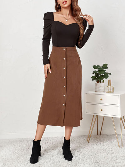 Corduroy Buttoned Split Solid Color A-Line Midi Skirt