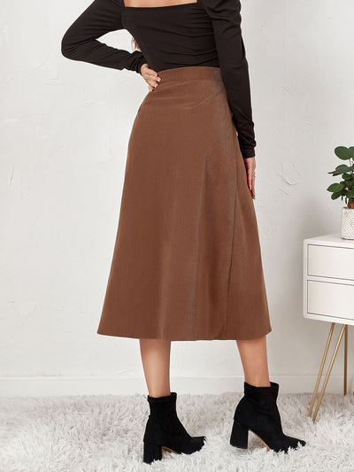 Corduroy Buttoned Split Solid Color A-Line Midi Skirt