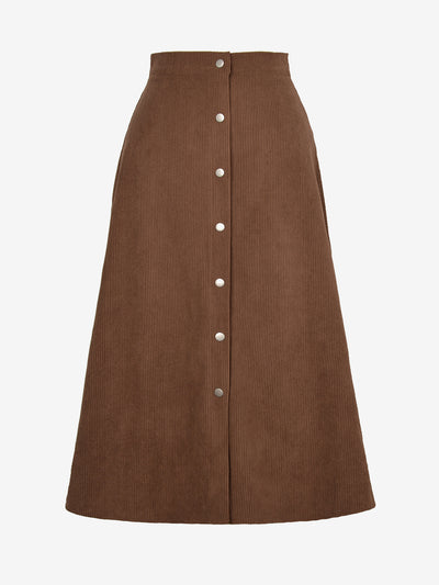 Corduroy Buttoned Split Solid Color A-Line Midi Skirt