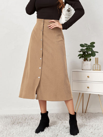 Corduroy Buttoned Split Solid Color A-Line Midi Skirt