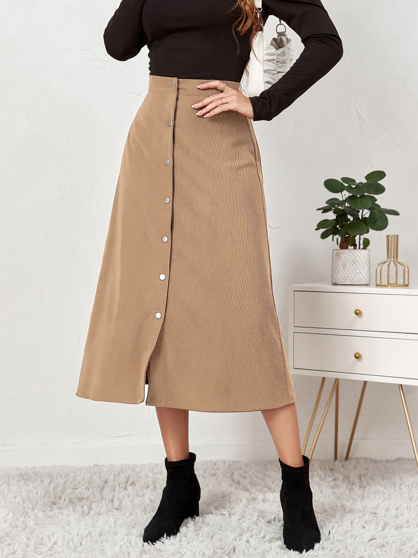 Allegra K Corduroy Buttoned Split Solid Color A-Line Midi Skirt