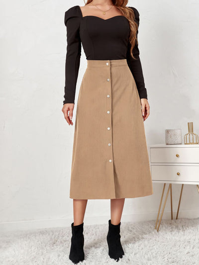 Corduroy Buttoned Split Solid Color A-Line Midi Skirt