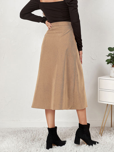 Corduroy Buttoned Split Solid Color A-Line Midi Skirt