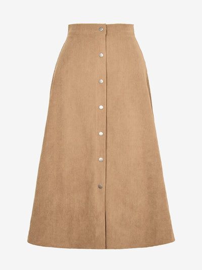 Corduroy Buttoned Split Solid Color A-Line Midi Skirt