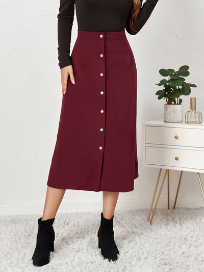 Corduroy Buttoned Split Solid Color A-Line Midi Skirt