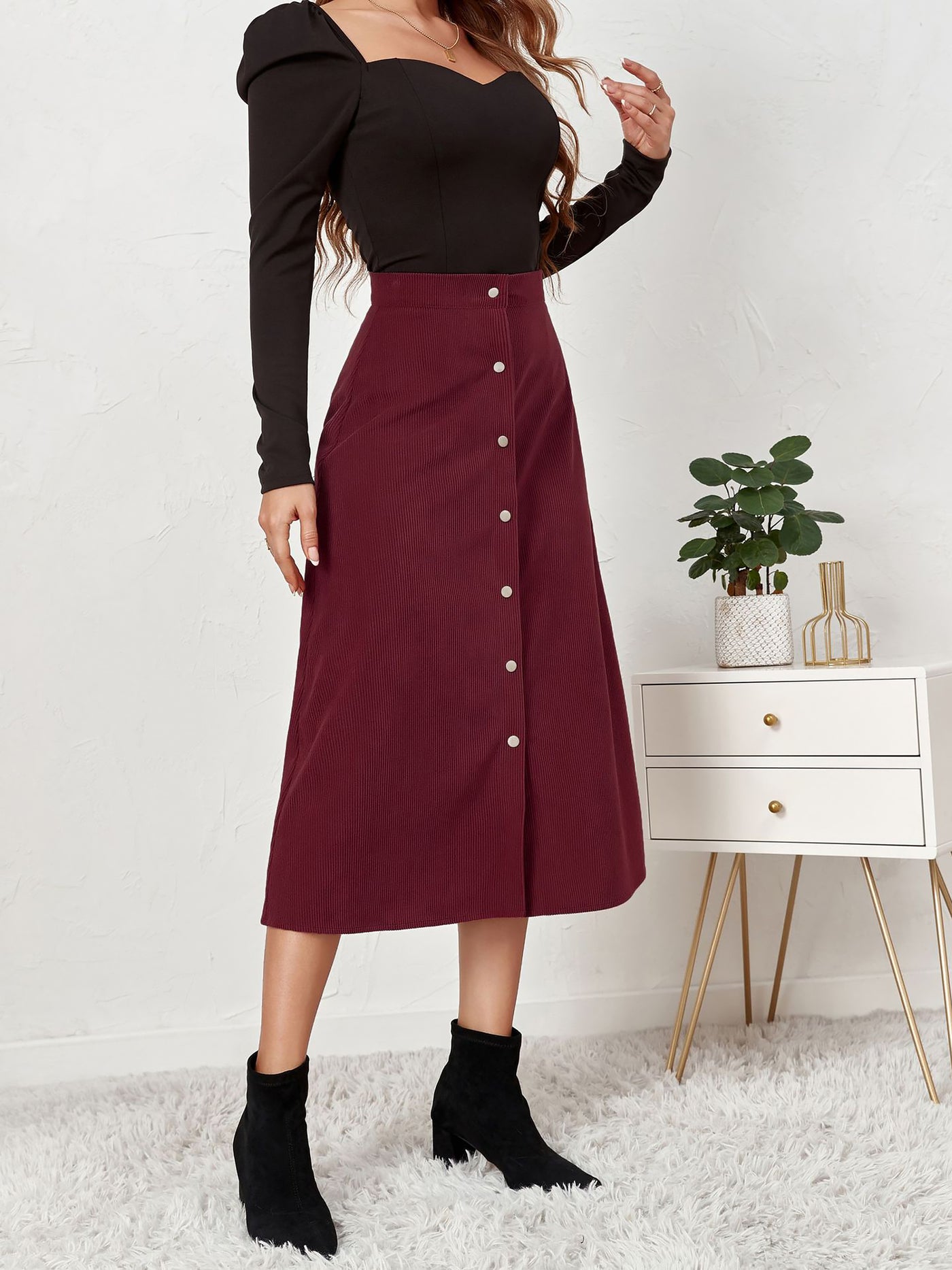 Allegra K Corduroy Buttoned Split Solid Color A-Line Midi Skirt