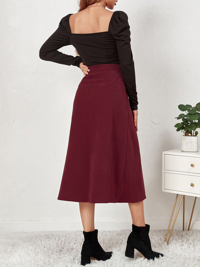 Corduroy Buttoned Split Solid Color A-Line Midi Skirt