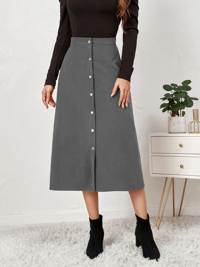 Corduroy Buttoned Split Solid Color A-Line Midi Skirt