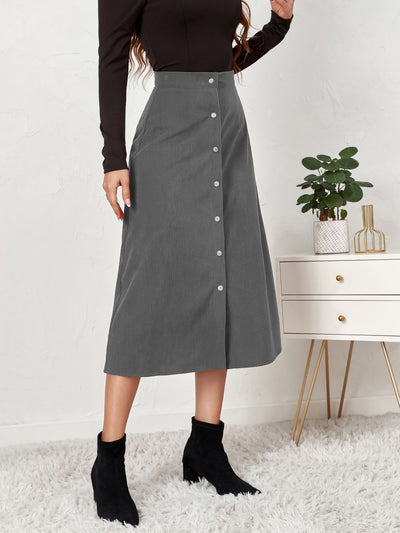 Corduroy Buttoned Split Solid Color A-Line Midi Skirt