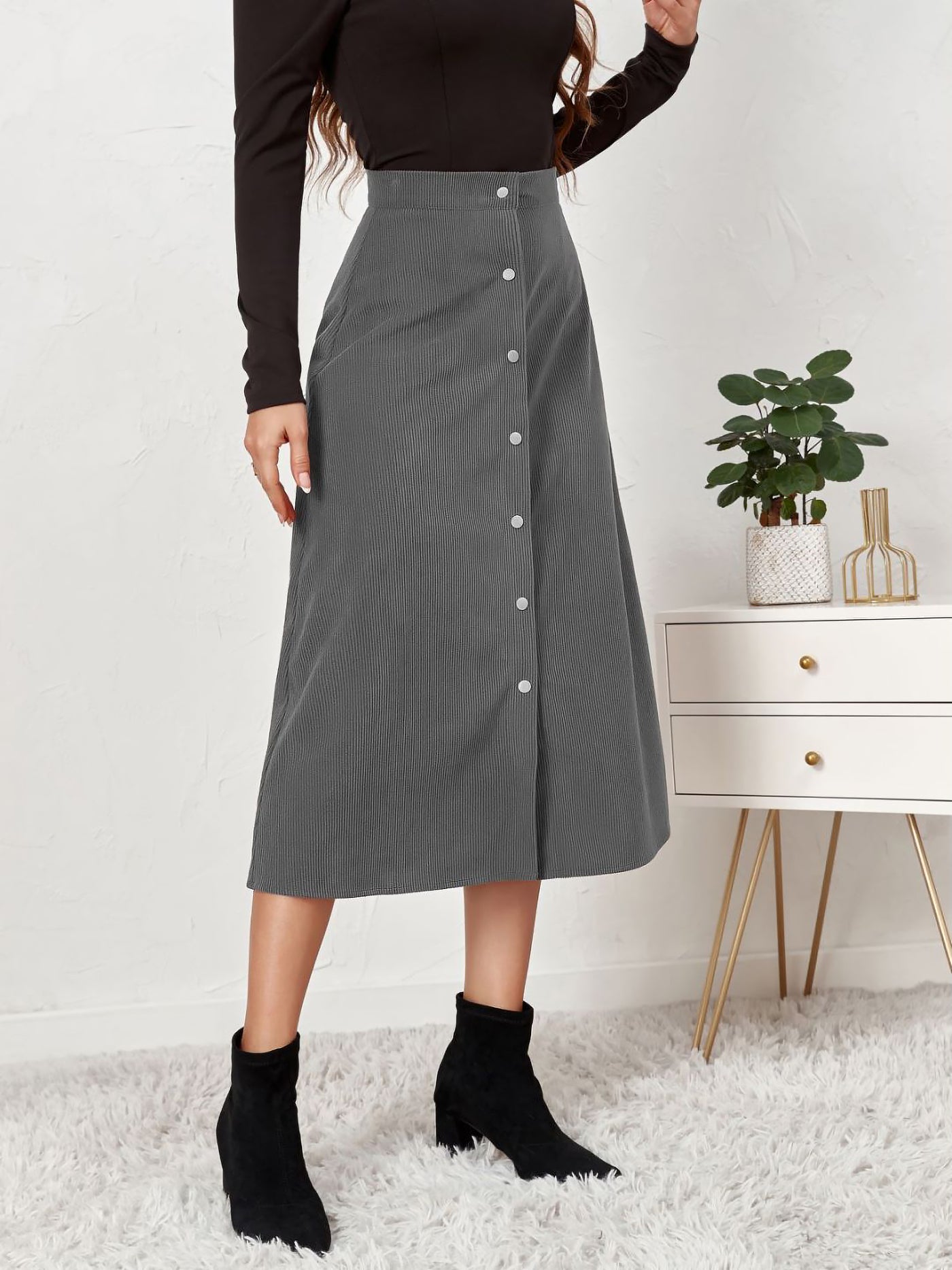 Allegra K Corduroy Buttoned Split Solid Color A-Line Midi Skirt