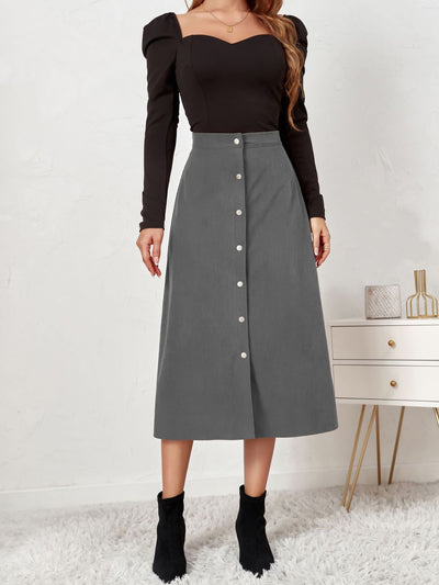 Corduroy Buttoned Split Solid Color A-Line Midi Skirt