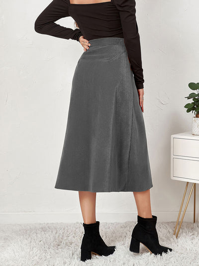 Corduroy Buttoned Split Solid Color A-Line Midi Skirt