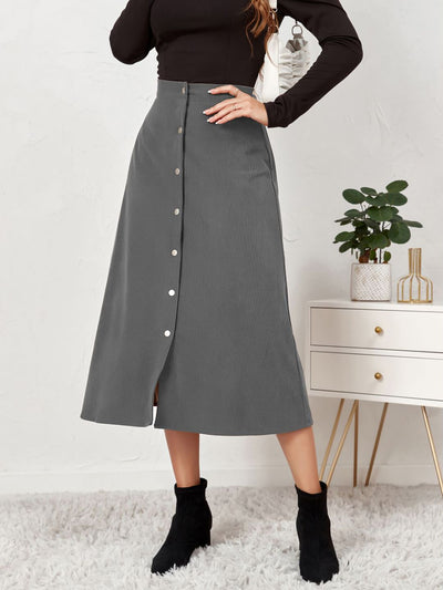 Corduroy Buttoned Split Solid Color A-Line Midi Skirt