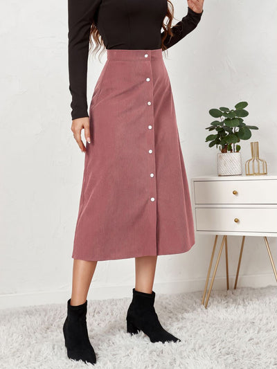 Corduroy Buttoned Split Solid Color A-Line Midi Skirt