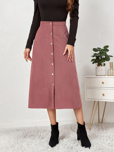 Corduroy Buttoned Split Solid Color A-Line Midi Skirt