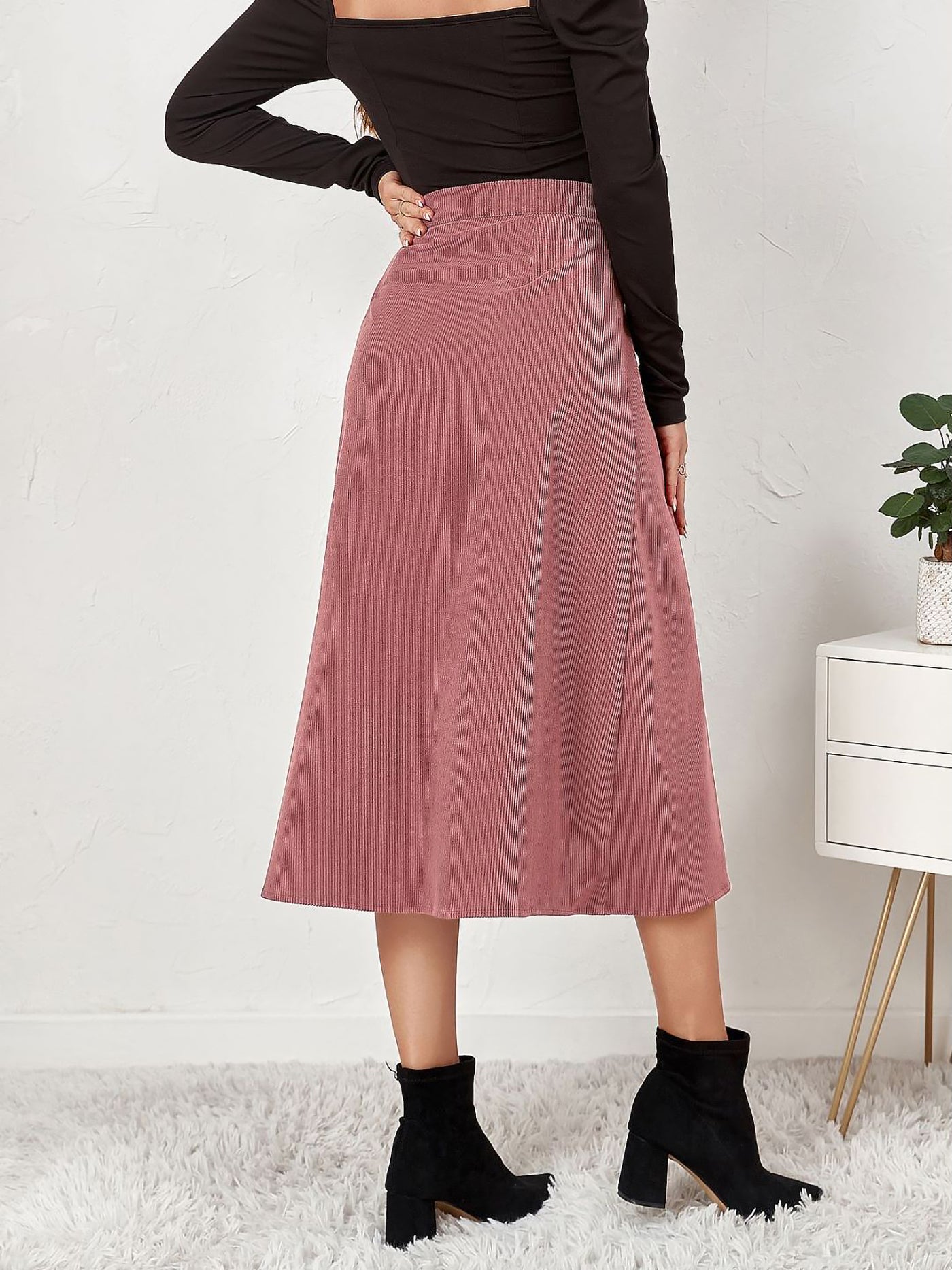 Allegra K Corduroy Buttoned Split Solid Color A-Line Midi Skirt