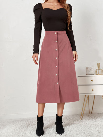 Corduroy Buttoned Split Solid Color A-Line Midi Skirt