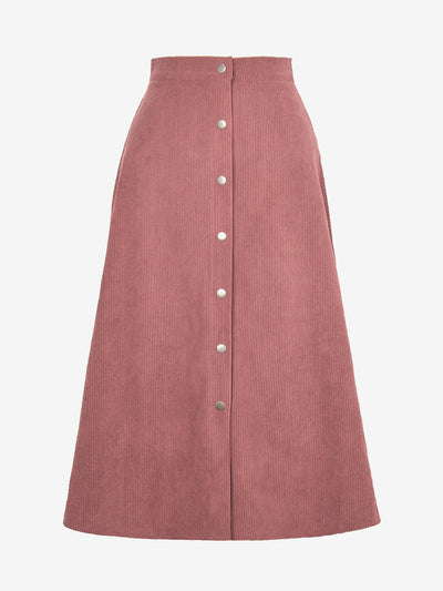 Corduroy Buttoned Split Solid Color A-Line Midi Skirt