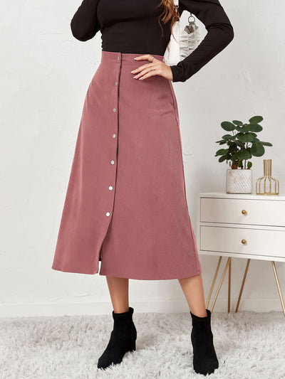 Corduroy Buttoned Split Solid Color A-Line Midi Skirt