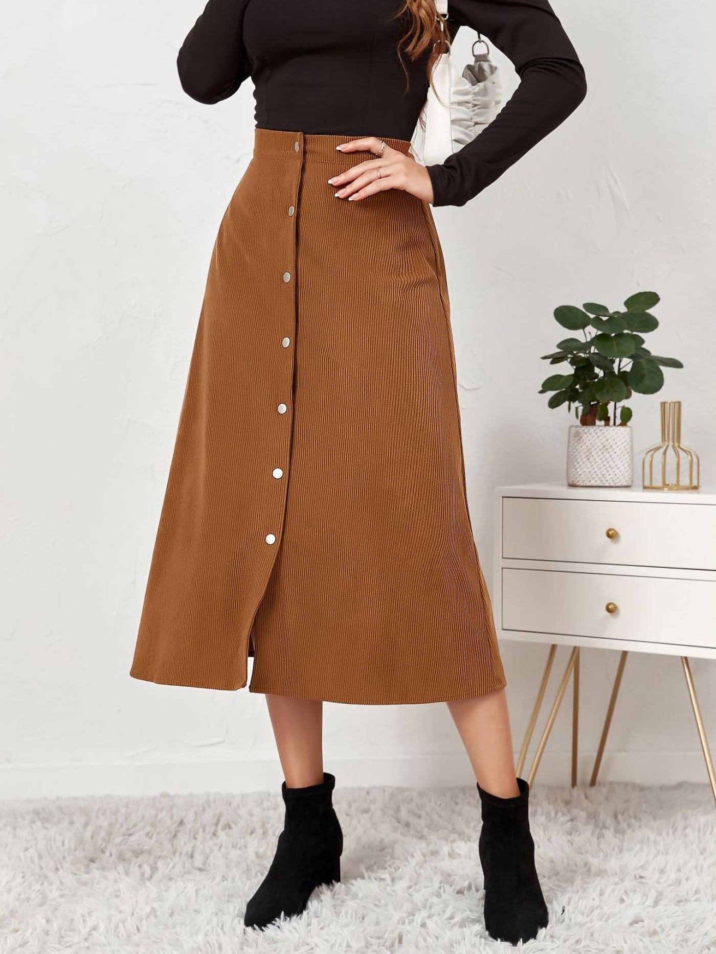 Allegra K Corduroy Buttoned Split Solid Color A-Line Midi Skirt