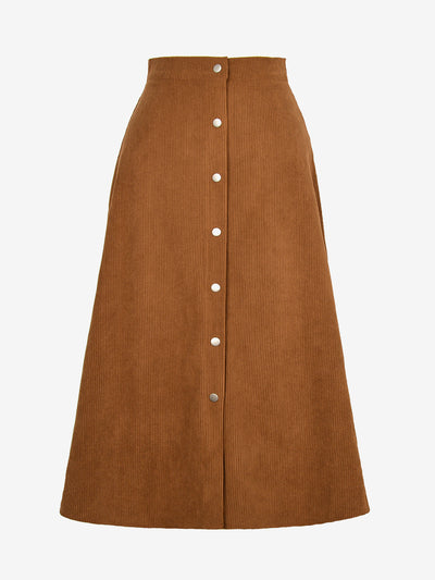 Corduroy Buttoned Split Solid Color A-Line Midi Skirt