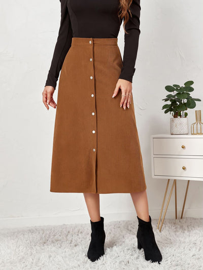 Corduroy Buttoned Split Solid Color A-Line Midi Skirt